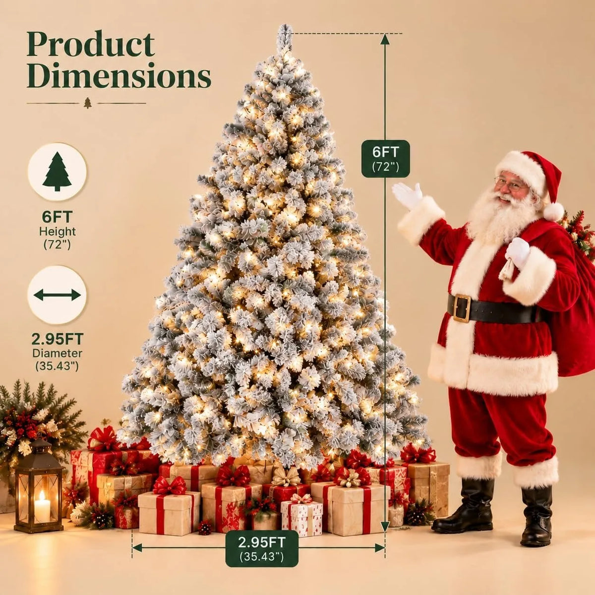 Prelit Artificial Christmas Tree with 100 Lights Snowflake Decorations Hinged PVC Branches Iron Trunk and Folding Metal Stand Green and White Holiday Decor for Living Room Home Christmas Party