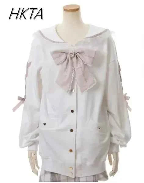 Mine Series Japanese Embroidery Bow Sail Collar Black Long Sweatshirt Coat Women Hoodie Lolita Sweet Girls Pink Hoodies Jacket