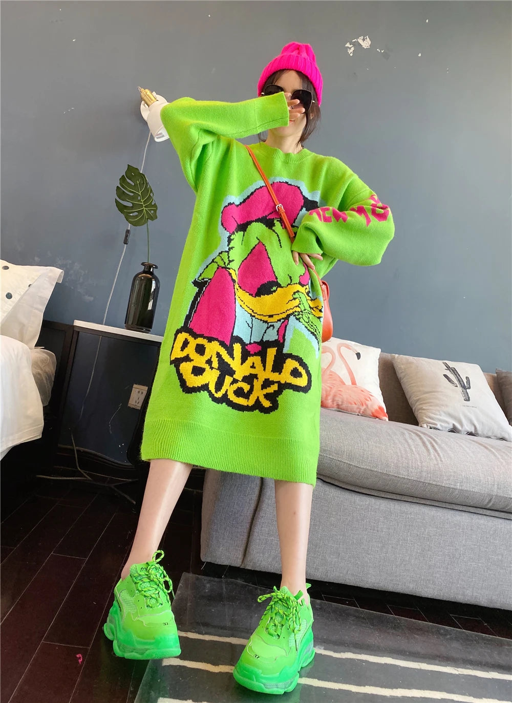 Korean Long-Sleeved Pullover Sweater Loose Fashion Women Autumn Winter Cartoon Embroidered Thickened Long Section Knitted Top SS69