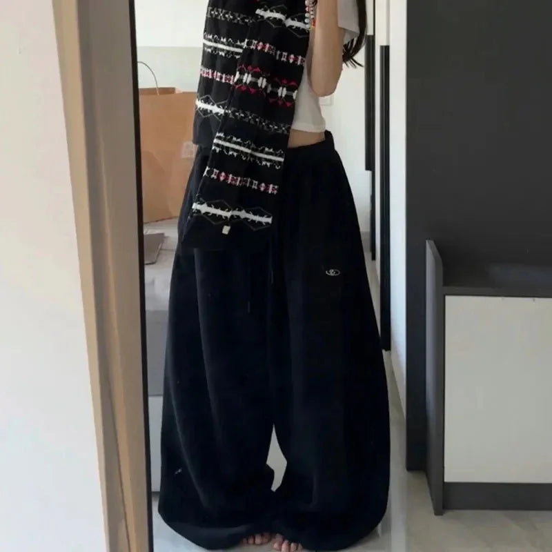 BiggOrange Women's High-Waist Wide-Leg Sweatpants - Black