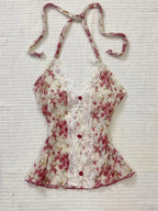 2025 Summer Woman Floral Halter Lace Blouse 2025 Vintage Sexy Slim Fit Fairy Korean Fashion Female Tops Outfits Elegant Style SS69 14.69 Pink Camis / XS