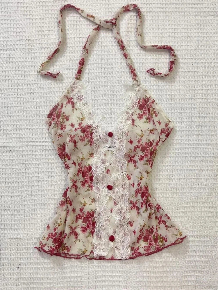 2025 Summer Woman Floral Halter Lace Blouse 2025 Vintage Sexy Slim Fit Fairy Korean Fashion Female Tops Outfits Elegant Style SS69 14.69 Pink Camis / XS