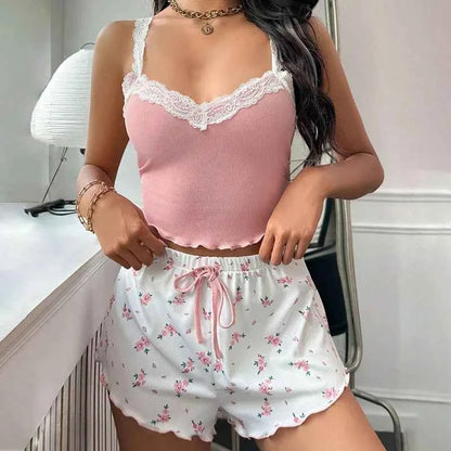 2025 women's sexy lace lace camisole vest shorts sleepwear women's slim fit two-piece home outfit new product pink coffee blue