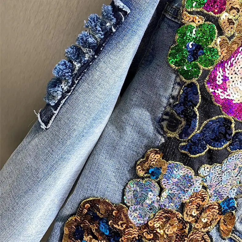 Retro Diamonds Embedding Floral Embroidery Denim Coat Spring Flowers Sequins Appliques Slim Jeans Jacket Cowboy Cardigan Jaqueta SS69