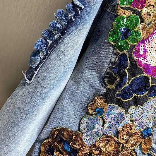 Retro Diamonds Embedding Floral Embroidery Denim Coat Spring Flowers Sequins Appliques Slim Jeans Jacket Cowboy Cardigan Jaqueta SS69