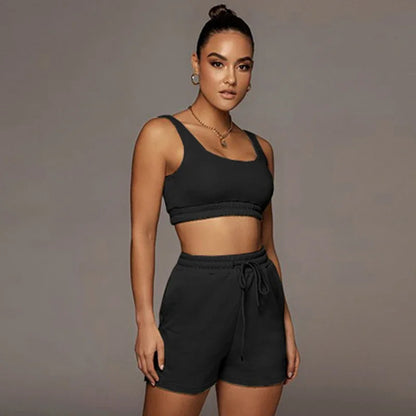 Crop Tops And Drawstring Shorts Set Sexy U-Neck Fitness Tank Top Summer Athleisure Biker Shorts Two Piece Sets Women Streetwear - SS69