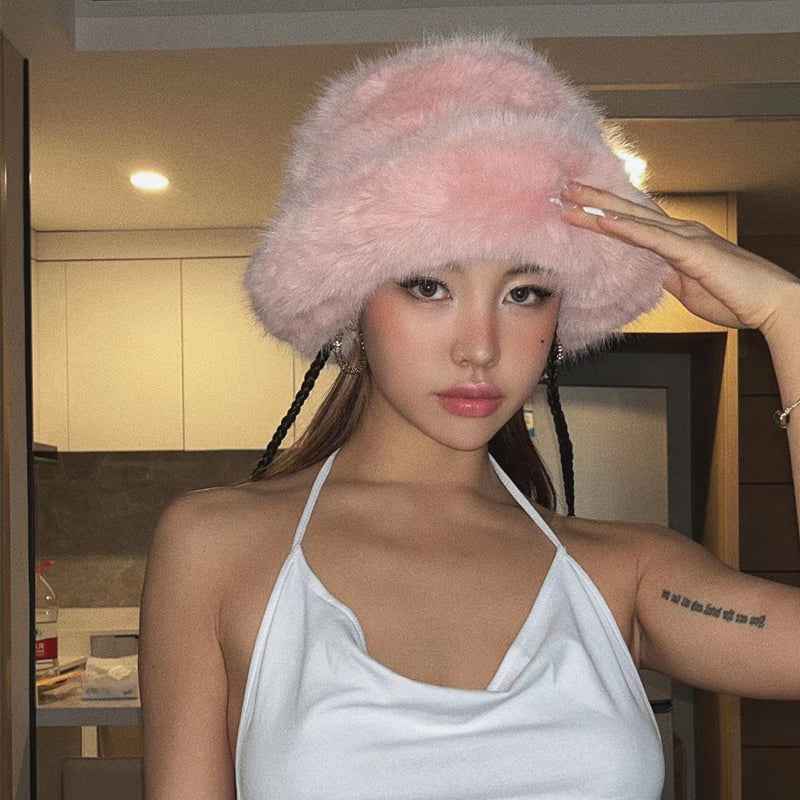 2025 Fluffy Faux Fur Bucket Hats Women Rabbit Fur Warm Thick Plush Winter Hat Lady Fashion Luxury Panama Furry Fisherman Cap Y2k