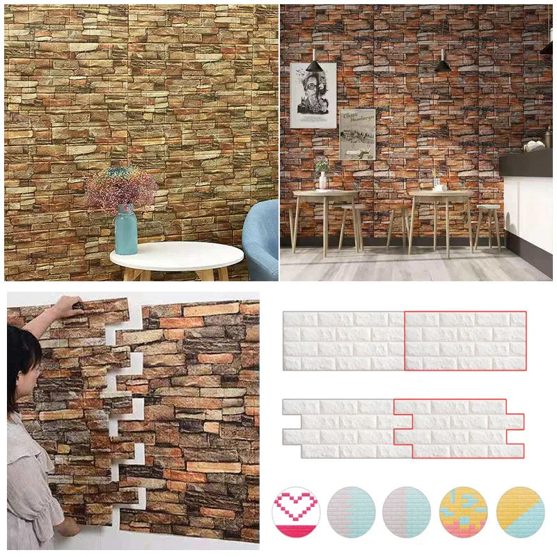 3D Foam Brick Wall Stickers, Waterproof Peel & Stick Panels 70x77cm