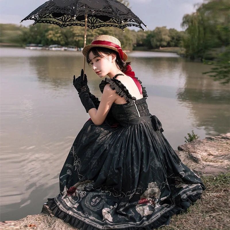 Vintage Lolita Jk Dress Women Black Gothic Bow Ruffles Party Camis Dress Japanese Kawaii Vacation Victorian Sleeveless Vestidos SS69