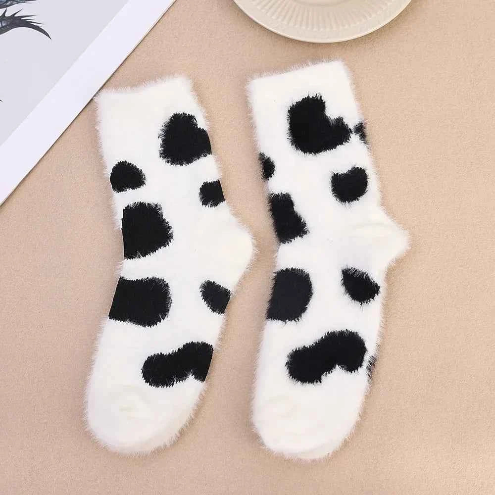 Cartoon Cute Cow Mink Velvet Socks Women Winter Soft Fleece Plush Warm Home Sleep Boot Socks Kawaii Y2K Furry Thermal Tube Sox
