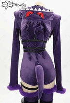 Meowcos Women Genga Cosplay Costume Halloween Purple Ghost Romper Bodysuit Plush Hooded and Socks with Belt and Tail