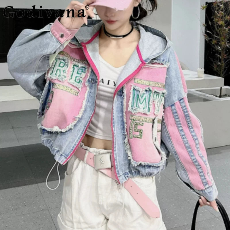 Womens Spring New 2026 Splicing Hooded Retro Denim Jacket Fashion Short Loose Versatile Zipper Long Sleeve Street Jackets