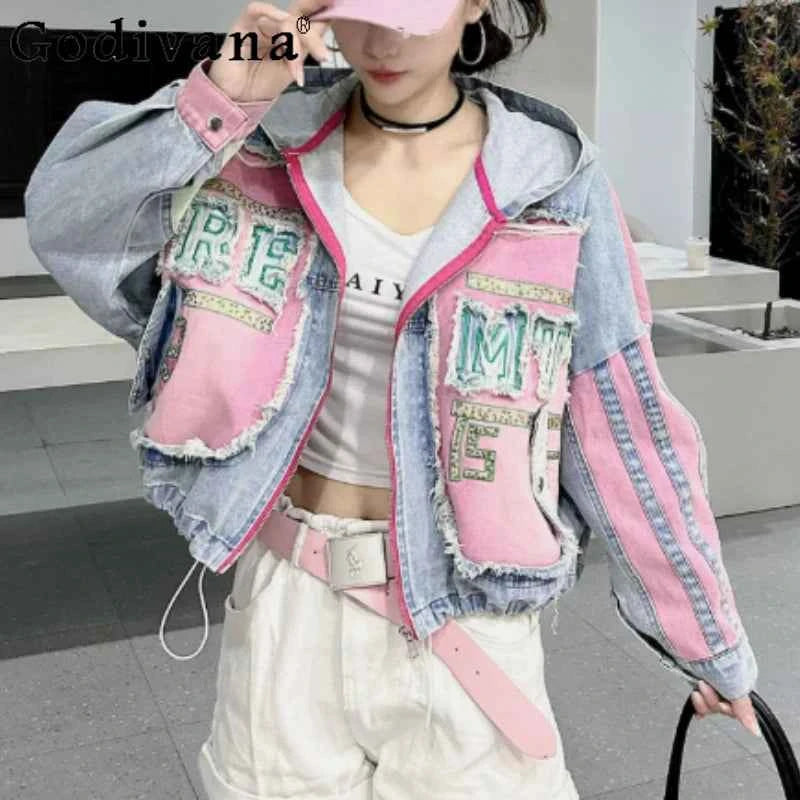 Womens Spring New 2026 Splicing Hooded Retro Denim Jacket Fashion Short Loose Versatile Zipper Long Sleeve Street Jackets