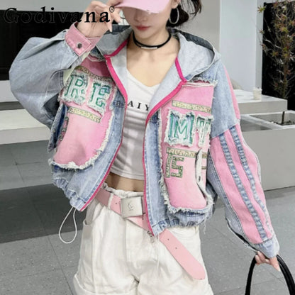 Womens Spring New 2026 Splicing Hooded Retro Denim Jacket Fashion Short Loose Versatile Zipper Long Sleeve Street Jackets