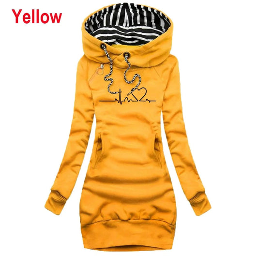 Winter New Fashion Women Long Sleeve Hoodie Dress with Pockets Solid Color Slim Fit Pullover Hoodies Sweatshirt Dress SS69 12.69 Yellow / L