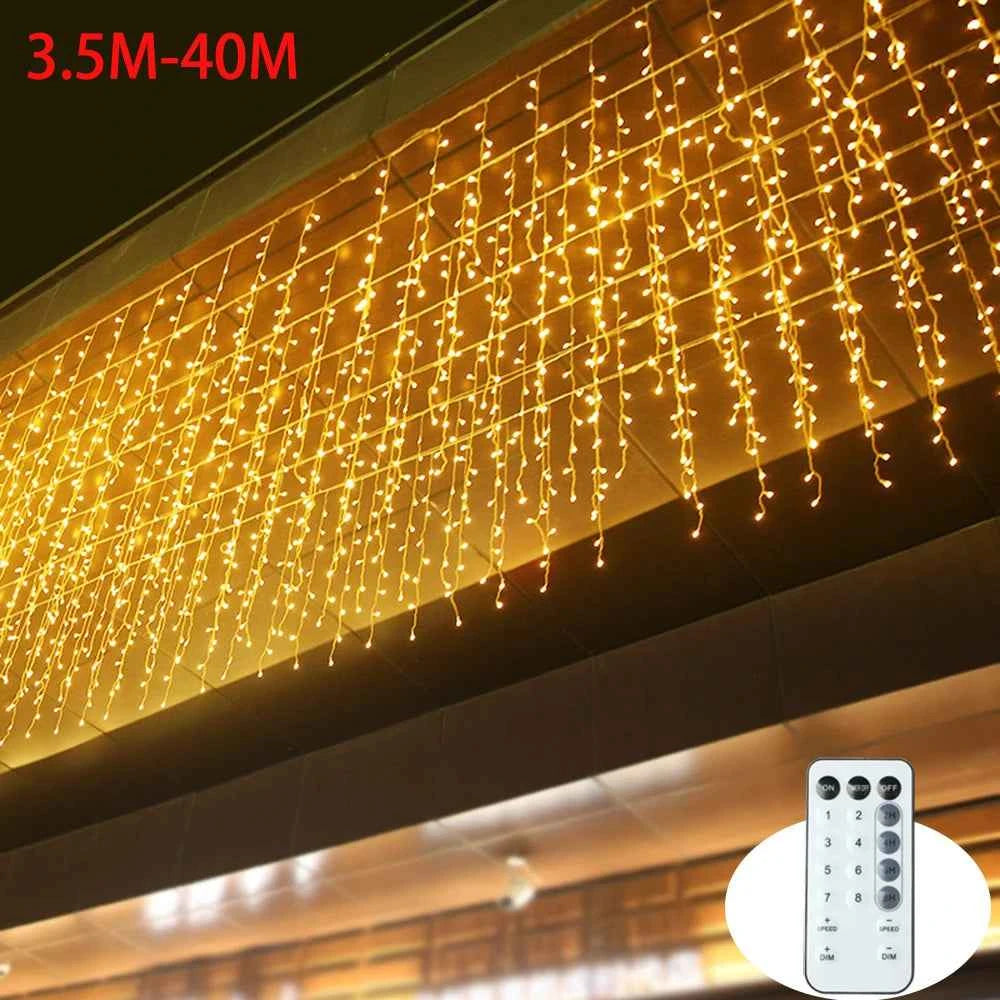 3.5M-40M LED Icicle Curtain String Fairy Lights Garland Outdoor Christmas Lights New Year Birthday Wedding Street Holiday Decor