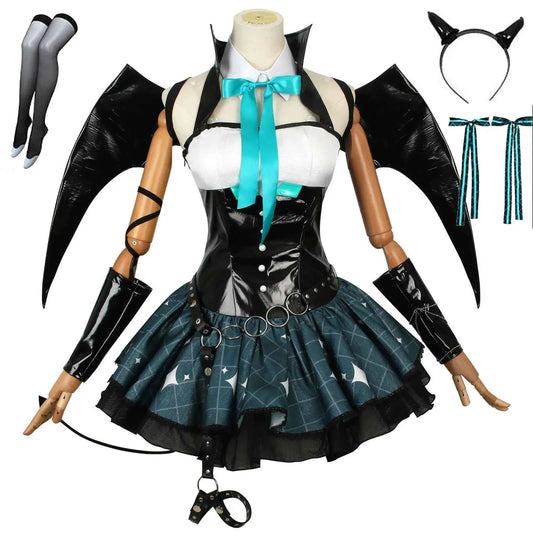 Women Sexy Demon Miku Cosplay Costumes Anime Devil Hatsune Cosplay Uniform Dress Wigs Wings Suit With Horns Tail Halloween Party