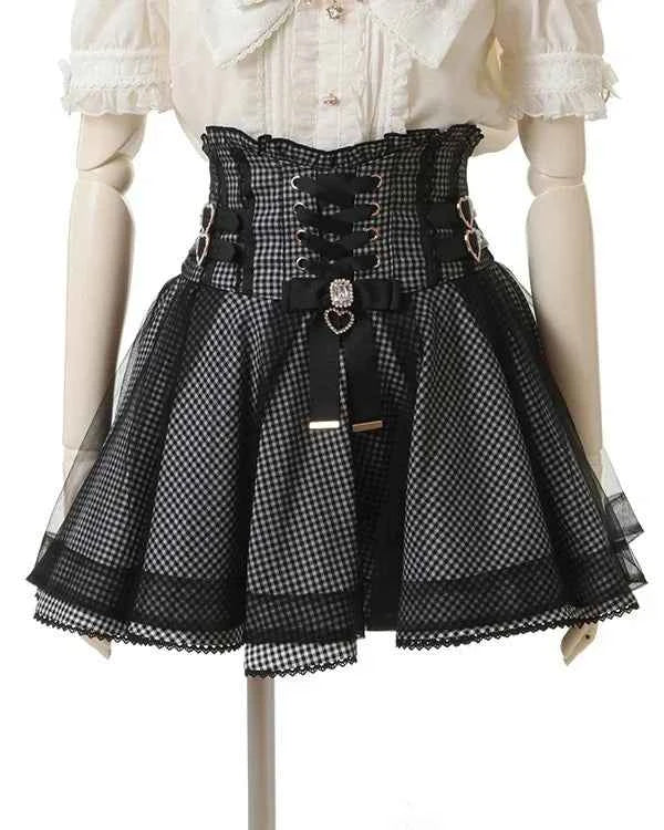 Japanese Liz New Spring Lace Edge Leather Ring High Waist Pleated Skirt Ribbon Bow Short Plaid Skirts Big Bow Lolita Blouses