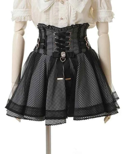Japanese Liz New Spring Lace Edge Leather Ring High Waist Pleated Skirt Ribbon Bow Short Plaid Skirts Big Bow Lolita Blouses