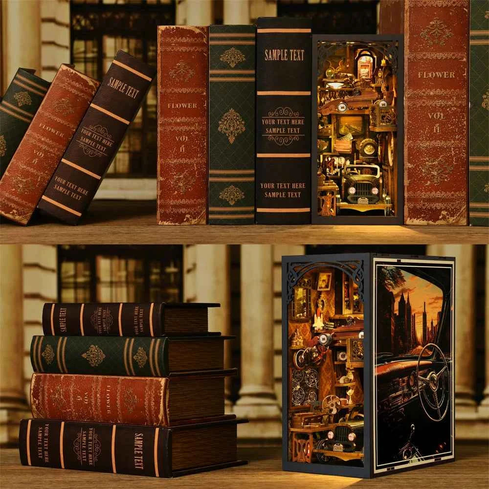 Book Nook Kit Classic Car F1 DIY Wooden Puzzle Bookshelf Insert Decor Dollhouse Model Bookend Building Home Decoration Gifts