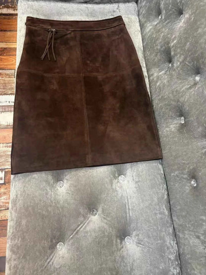 Retro Brown Genuine Kid Suede Real Leather Pencil Skirt Side Slit Soft Lambskin Midi Skirt with Knee Length Women