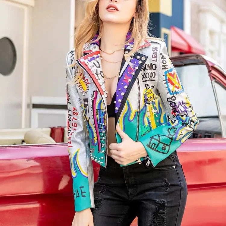 Womens Rivet Beading Pu Jacket Hit Color Streetstyle Graffiti Outerwear Letters Printed Leather Jackets Short Punk Street Coat SS69