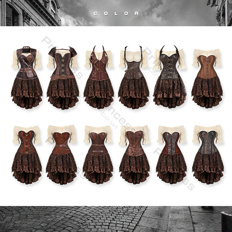 Brown Pirate Dress Plus Size Faxu Leather Steampunk Corset Dress with Shoulder Off Blouse Cosplay Pirate Costume for Women SS69