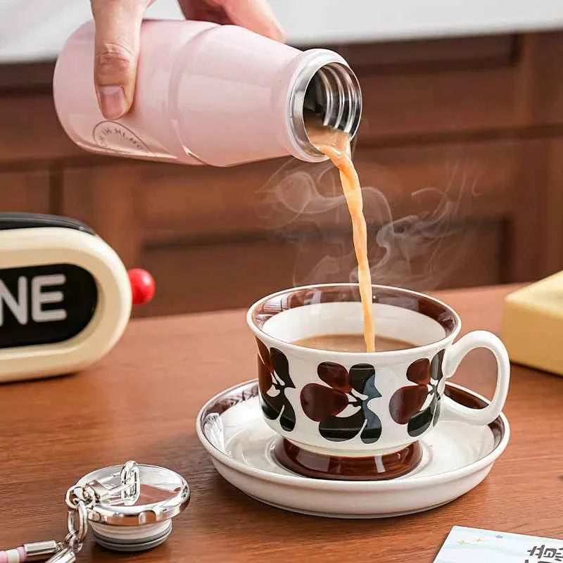1pc Vintage Milk Coffee Cup 280ml Mini Stainless Steel Pocket Cup Portable Travel Lanyard Direct-Drinking Thermal Cup