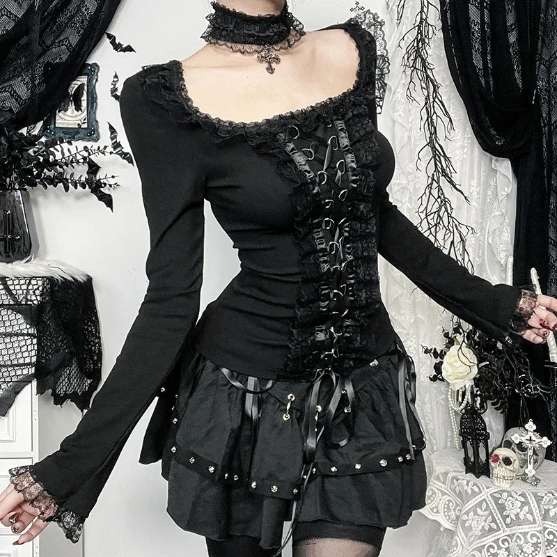 AltGoth Aesthetic Goth T-shirt Women Hotsweet Y2k E-girl 2000s Streetwear Lace Patchwork Square Collar Long Sleeve Crop Tee Tops - SS69