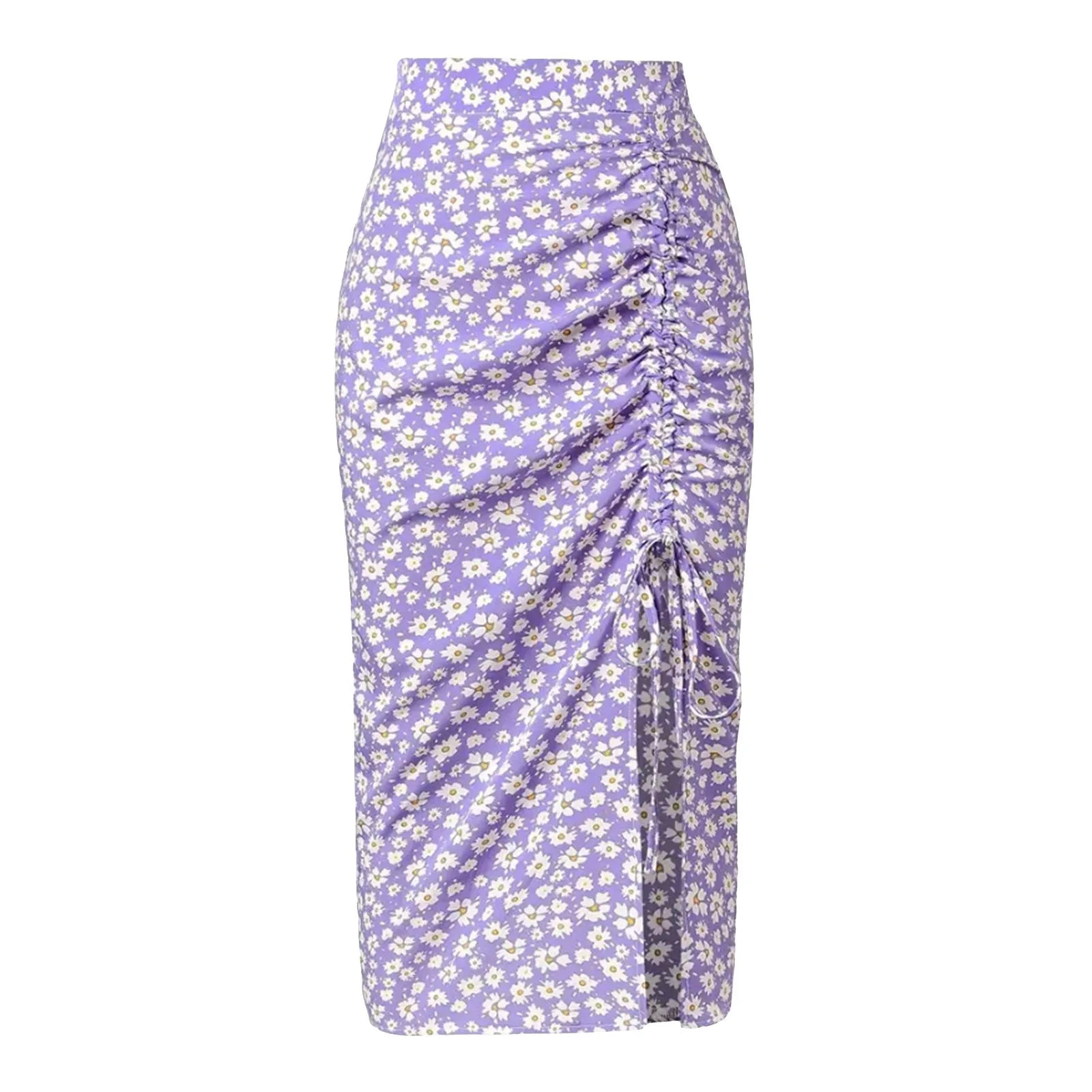 Women's Summer Vacation Little Floral Print Splits Bodycon Skirt Elegant Sexy Drawstring Ruched Bohemian Beach Midi Skirs SS69