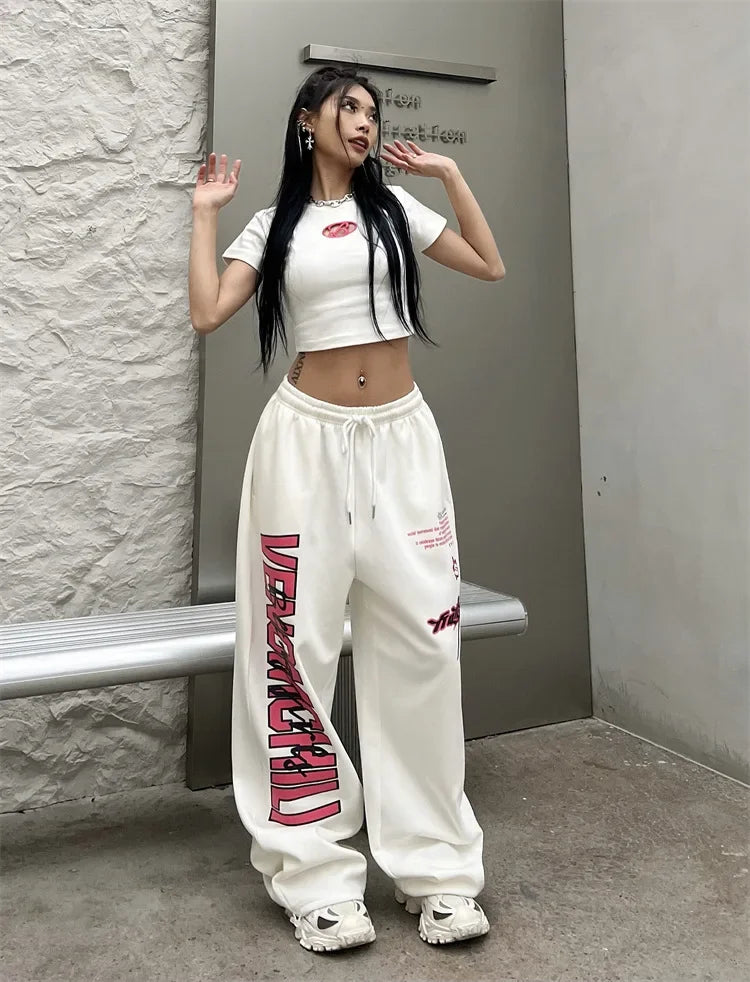 Korean Y2K Streetwear White Jogging Sweatpants Women Harajuku Sports Pants Oversized Hip Hop Letter Wide Leg Trousers - SS69