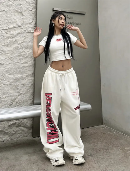 Korean Y2K Streetwear White Jogging Sweatpants Women Harajuku Sports Pants Oversized Hip Hop Letter Wide Leg Trousers - SS69
