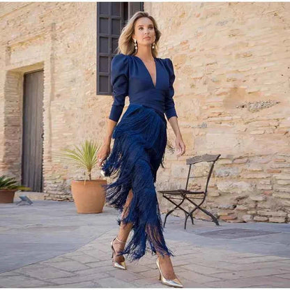 Women Stacked Tassel Maxi Dress Elegant Deep V Neck Full Sleeve Slim Fit Long Gowns Lady New Evening Party Fashion Robes 2025