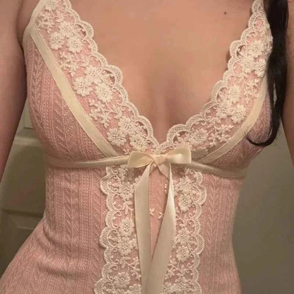 Xingqing Fairy Coquette Tank Top y2k Women Lace Floral V Neck Spaghetti Strap Sleeveless Vest with Bow 2000s Aesthetic Clothing