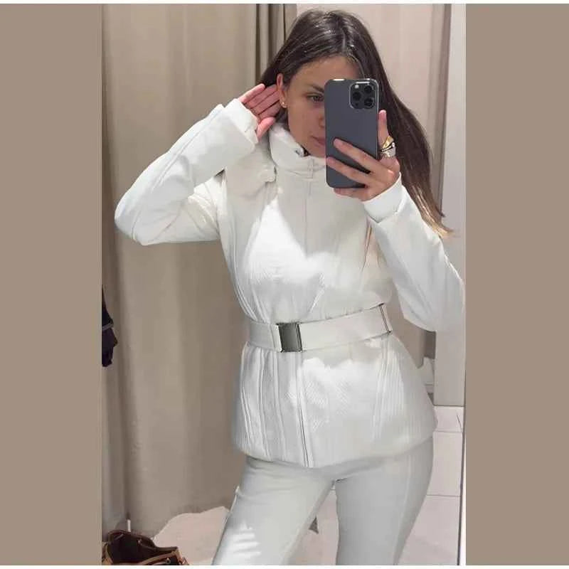 Fashion Solid Warm Ski Suit Women's Hood Fur Trim Full Sleeves Belt Coats High Waist Pants 2025 Winter Lady Windproof Tracksuit
