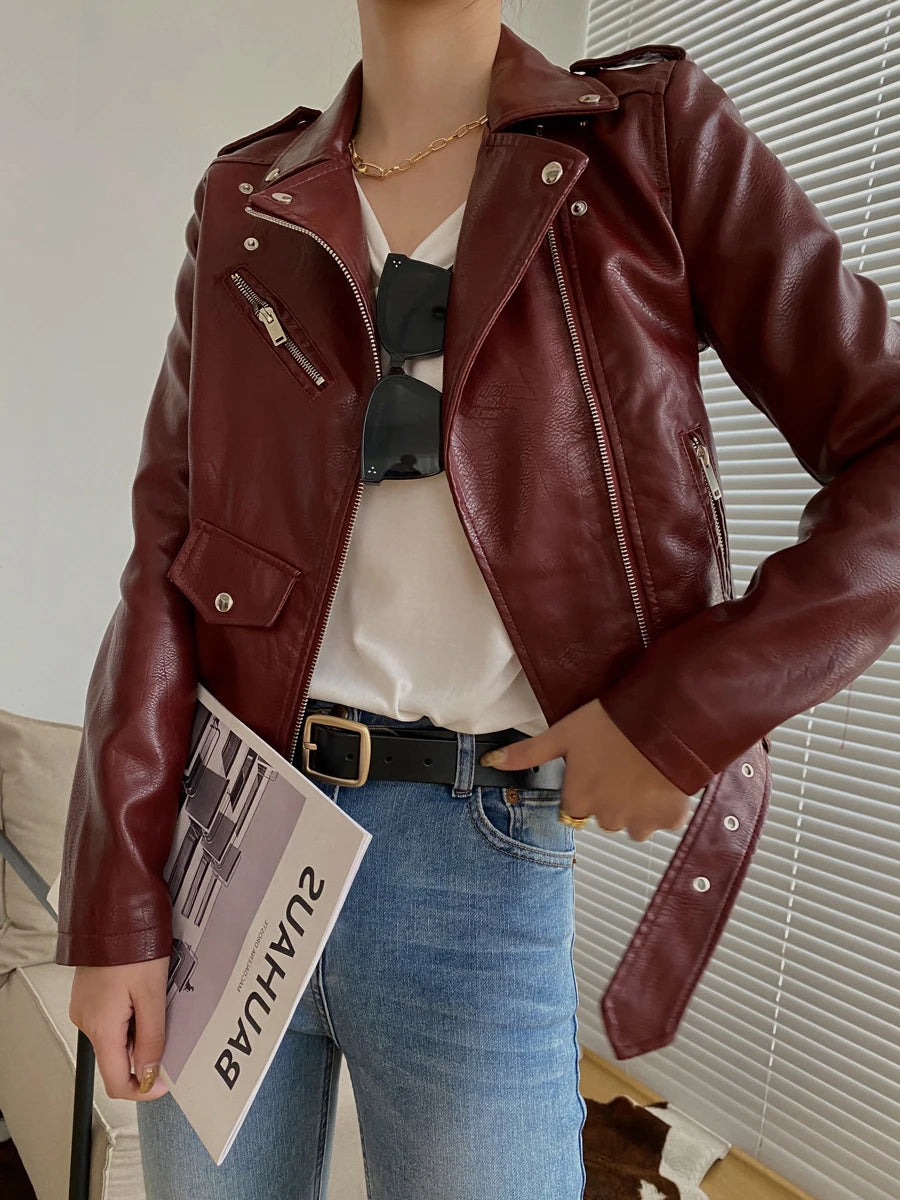 Women's PU Leather Motorcycle Jacket - Slim Fit, Turn-Down Collar