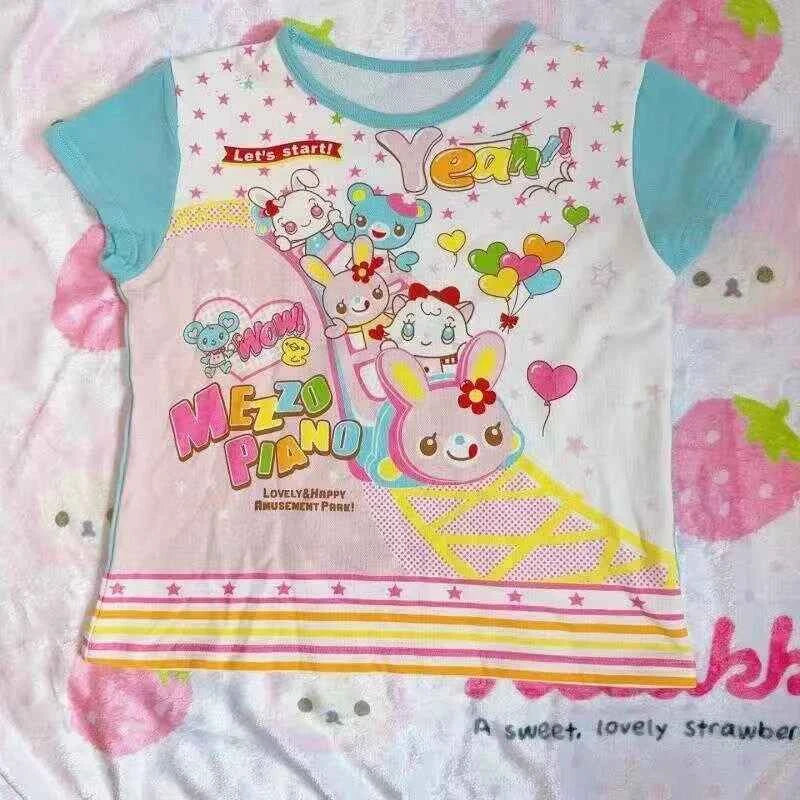 Japanese Sweet Kawaii Cartoon Polka Dot Print T-shirt Women Loose Casual Contrast Color Cute Graphic Tees Y2k Aesthetic Tops New