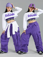 Girls K-Pop Street Dance Outfit: Purple Crop Top & Cargo Pants