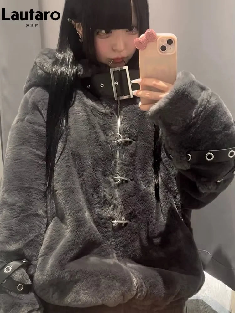 Lautaro Autumn Winter Thick Warm Faux Fur Coat Women with Hood Zipper Luxury Japanese Style Punk Harajuku Fluffy Jacket 2026