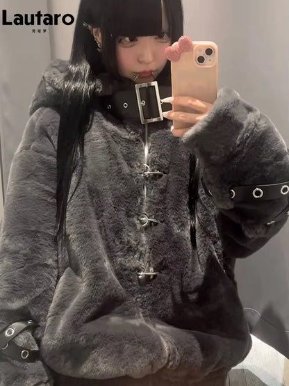 Lautaro Autumn Winter Thick Warm Faux Fur Coat Women with Hood Zipper Luxury Japanese Style Punk Harajuku Fluffy Jacket 2026