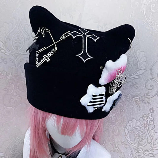Gothic Punk Cat Ear Hat Cross Skeleton Knitted Black Y2K Girl Subculture Cute Lace Net Hat Chinese Brand None( AE Stock) SS69