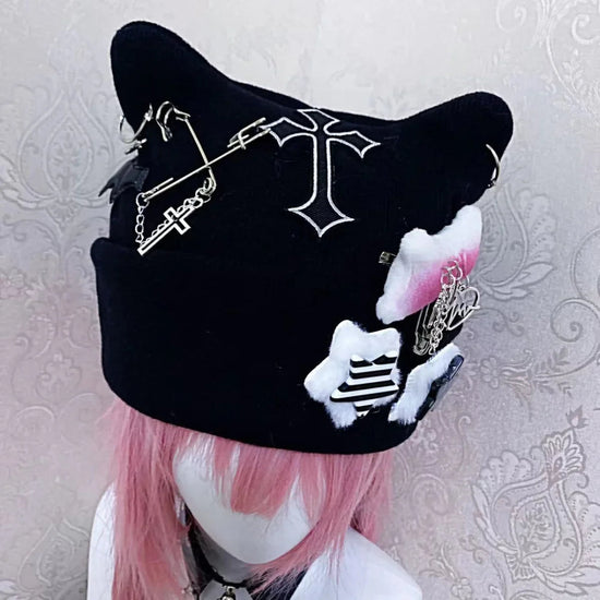 Gothic Punk Cat Ear Hat Cross Skeleton Knitted Black Y2K Girl Subculture Cute Lace Net Hat Chinese Brand None( AE Stock) SS69