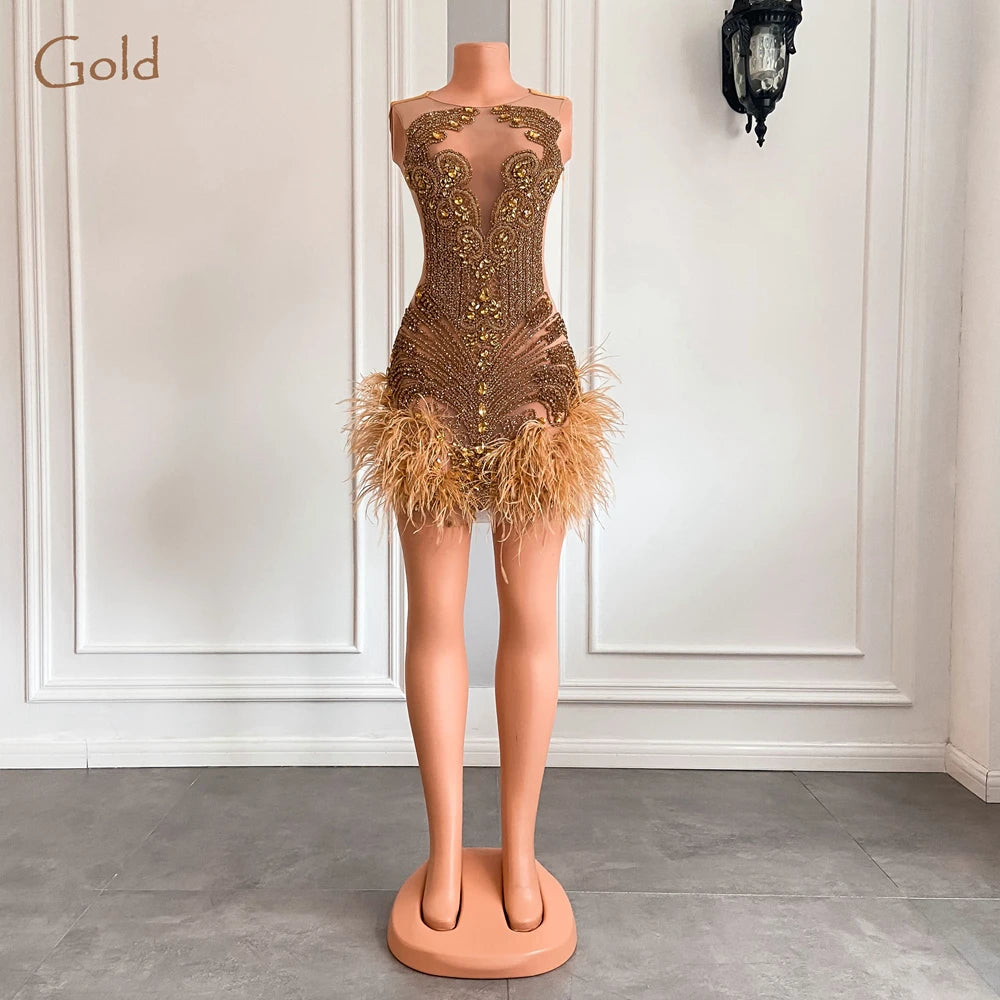Stunning Sparkly Luxury Diamond Women Birthday Party Cocktail Gowns Sexy Sheer Pink Feather Mini Short Prom Dresses 2025 SS69 233.69 Gold / 2