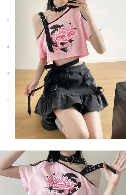 Black Pink Y2K Clothing Set Hot Girls Strapless Strap Short Sleeve T-shirt Slimming Jeans Long Pants Female 4 Piece Set Outfits SS69
