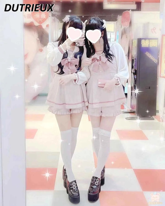 Japanese Style Women's Outfits Sailor Collar Plaid Rhinestone Bow Dress Shorts Set Sweet Lolita Mine Series Dress Two-Piece Suit