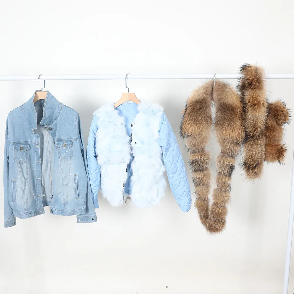 2026 MAOMAOKONG Winter Clothing Women's Denim Jacket Detachable Fox Fur Lining With Real Raccoon Fur Collar Jean Jacket Fur Coat