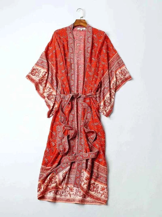 Vintage Chic Women Floral Print Batwing Sleeve Beach Bohemian Kimono Dress Ladies V Neck Summer Boho Robe Cover-ups Vestidos
