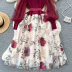SINGREINY Senior Knitted Patchwork Dress Long Lantern Sleeves Bow Mesh Embroidery Floral Women Autumn France Elegant Party Dress