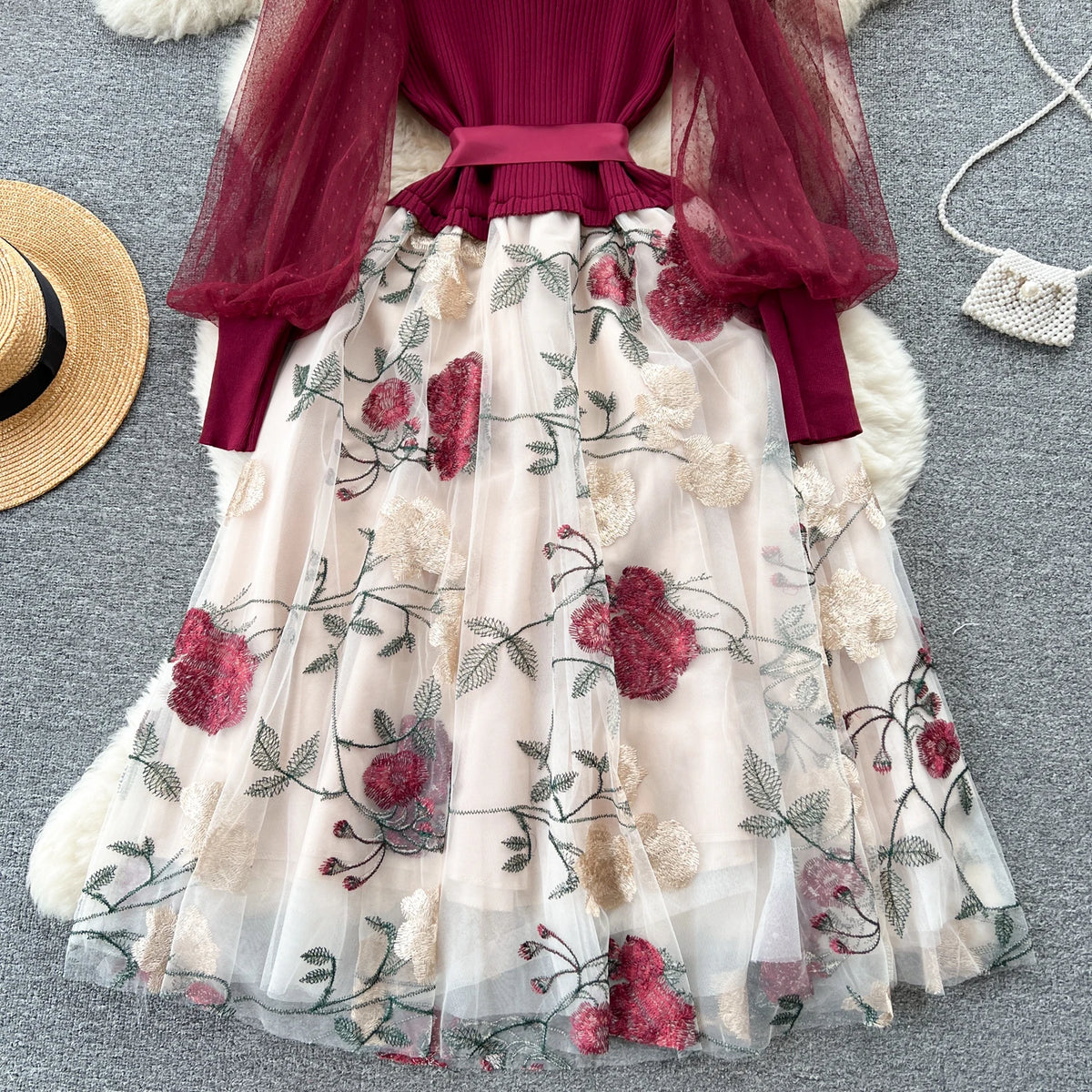 SINGREINY Senior Knitted Patchwork Dress Long Lantern Sleeves Bow Mesh Embroidery Floral Women Autumn France Elegant Party Dress