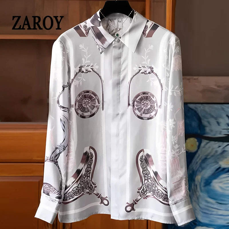 Camisas Newest Exclusive Women Luxury Shirt Long Sleeve Lapel Satin Shirt Old Money Print Brand Design Shirt OL Blouse руба